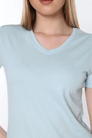 %100 Pamuk Süper Kalite V Yaka Kadın Basic Tişört Örme Pamuk Penye T-shirt