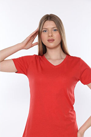 %100 Pamuk Süper Kalite V Yaka Kadın Basic Tişört Örme Pamuk Penye T-shirt
