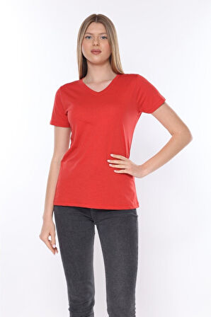 %100 Pamuk Süper Kalite V Yaka Kadın Basic Tişört Örme Pamuk Penye T-shirt