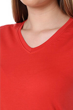 %100 Pamuk Süper Kalite V Yaka Kadın Basic Tişört Örme Pamuk Penye T-shirt