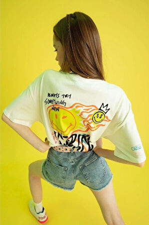 Ön Arka Ve Kol Baskılı %100 Pamuk Süper Kalite Penye Oversize T-shirt