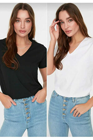 süper kalite siyah ve beyaz 2`li paket V-yaka kadın Basic tişört örme pamuk penye t-shirt