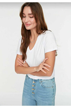 süper kalite Beyaz V yaka kadın tişört düz renk basic organik pamuk örme penye t-shirt