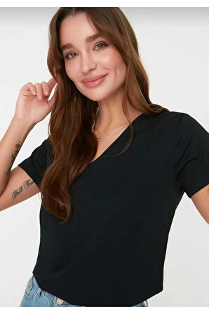 süper kalite siyah V-yaka kadın Basic tişört örme pamuk penye t-shirt