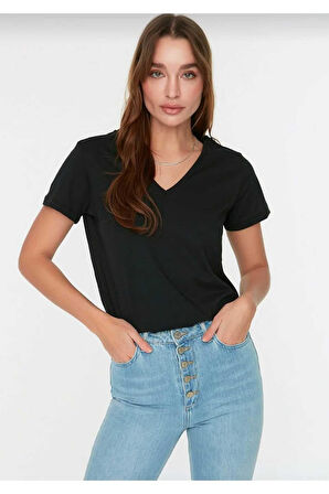 süper kalite siyah V-yaka kadın Basic tişört örme pamuk penye t-shirt