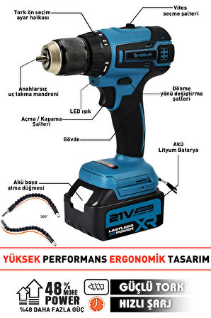 Assur Bakır Sargı 21V  Vidalama Kömürsüz Motor  Şarjlı Matkap