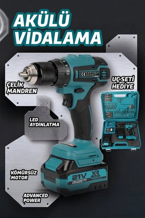 21v Akülü Vidalama Kömürsüz Motor Şarjlı Matkap