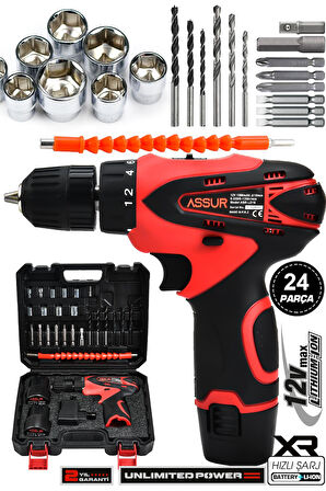 Assur 12V 1.5Ah Çift Akülü Vidalama Şarjlı Matkap 24 Parça