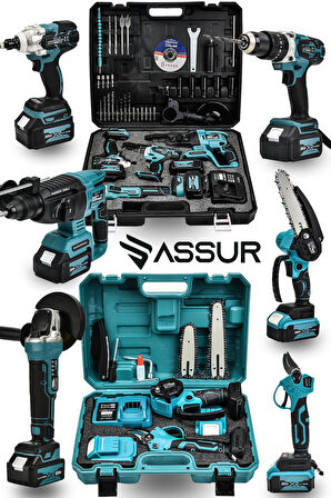 Assur 6Lı Set Kömürsüz Kırıcı Delici Hilti+Vidalama+Taşlama+Somun Sökme+Budama Testeresi+Budama Makası