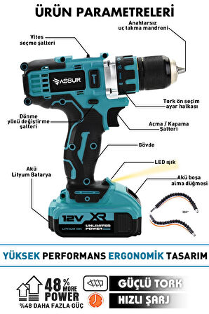 Assur Pro Çelik Mandren 84 Parça Şarjlı Matkap Mavi ve Çift Akülü 12 Köşe 360° Otomatik Hizalamalı Lazer Metre