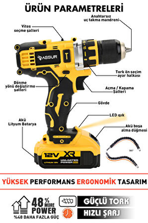 Assur Çift Akülü Çelik Mandren 84 Parça Şarjlı Matkap Sarı ve 12 Köşe 360° Otomatik Hizalamalı Lazer Metre Çift Akülü