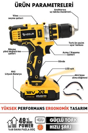 Çift Akülü Çelik Mandren 84 Parça Şarjlı Matkap Sarı Ve 12 Köşe 360° Otomatik Hizalamalı Lazer