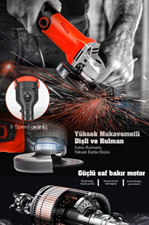 Assur Profesyonel 1200W Avuç Taşlama Makinesi 125mm 6 Kademeli Uzun Kuyruk