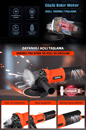 Assur Profesyonel 550W Avuç Taşlama Makinesi 125mm Bakır Sargılı Spiral