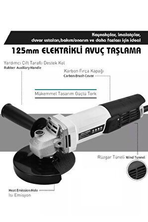 Assur Profesyonel 550W Avuç Taşlama Makinesi 125mm Bakır Sargılı Spiral