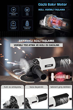 Assur Profesyonel 550W Avuç Taşlama Makinesi 125mm Bakır Sargılı Spiral