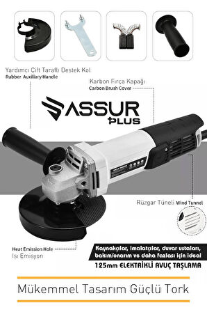 Assur Profesyonel 550W Avuç Taşlama Makinesi 125mm Bakır Sargılı Spiral