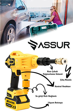 Assur 21V Kömürsüz Motor Yüksek Basınçlı Akülü Oto Araba Yıkama Makinesi Şarjlı