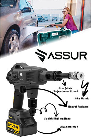 Assur 21V Yüksek Basınçlı Kömürsüz Motor Akülü Oto Araba Yıkama Makinesi Şarjlı