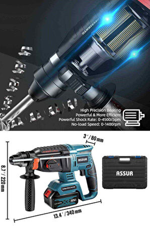 Assur 21V 2.0Ah 10 Pilli Bakır Sargılı Kömürsüz Motor Darbeli Çift Akülü Şarjlı Kırıcı Delici 2-26mm Hilti