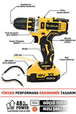 Assur 12V 1.5Ah Metal Şanzıman Çift Akülü Bakır Sargı 24 Parça Şarjlı Matkap Akülü Vidalama