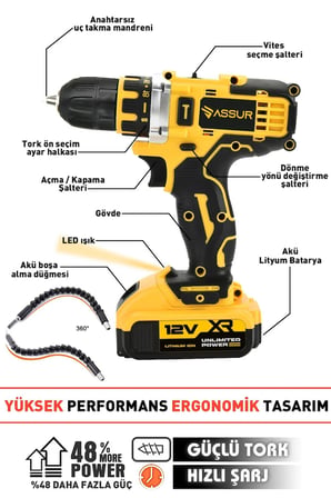 Assur 12V  Metal Şanzıman Çift Akülü Bakır Sargı  Şarjlı Matkap Akülü Vidalama
