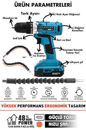 Assur 12V 1.5Ah Çelik Şanzıman Bakır Sargılı Şarjlı Matkap Vidalama  Çift Akülü 24 Parça