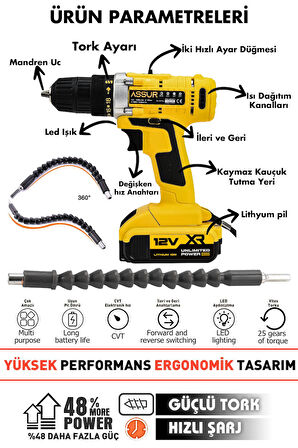 Assur 12V 1.5Ah Çelik Şanzıman Bakır Sargılı Şarjlı Matkap Vidalama  Çift Akülü 24 Parça