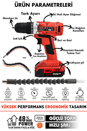 Assur 12V 1.5Ah Çelik Şanzıman Bakır Sargılı Çift Akülü Şarjlı Matkap Vidalama 24 Parça