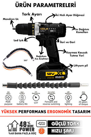 Assur 12V 1.5Ah Çelik Şanzıman Bakır Sargılı Çift Akülü Şarjlı Matkap Vidalama 24 Parça