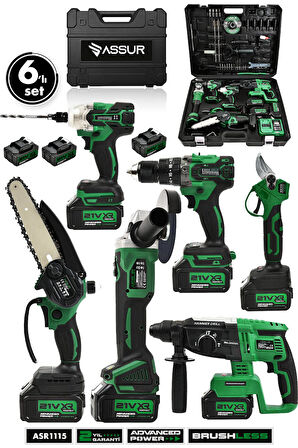 Assur 21V 2.0Ah Kömürsüz Darbeli 6'lı Set Matkap+Hilti+Taşlama+Somun Sıkma+Makas+Testere
