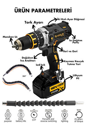 Assur 21V 1.5Ah Çift Metal Şanzıman Çift Akülü Şarjlı Darbeli Matkap 24 Parça