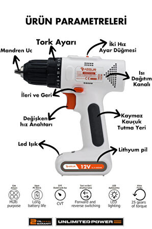 Assur 12V 2.0Ah Şarjlı Matkap Vidalama Başlığı Dahili Batarya Typc-e Usb'li