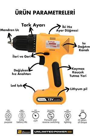 Assur 12V 2.0Ah Şarjlı Matkap Vidalama Başlığı Dahili Batarya Typc-e Usb'li