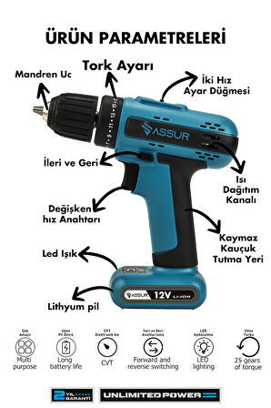 Assur Şarjlı Vidalama Matkap Dahili Güçlü Batarya 12V 2.0Ah Akülü Vidalama