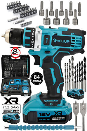 Assur 12V 2.0Ah Şarjlı Matkap Metal Şanzıman Bakır Sargılı Çift Akülü 84 Parça Set