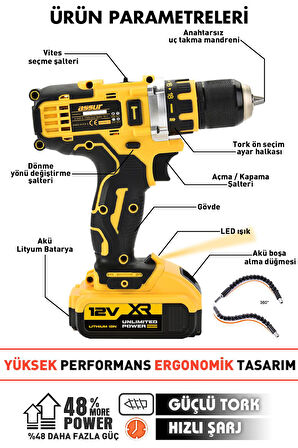 Assur 12V 2.0Ah Şarjlı Matkap Metal Şanzıman Bakır Sargılı Çift Akülü 84 Parça Set