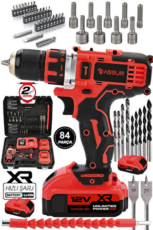 Assur 12V 2.0Ah Şarjlı Matkap Metal Şanzıman Bakır Sargılı Çift Akülü 84 Parça Set