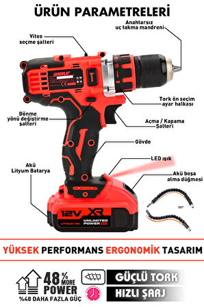 Assur 12V 2.0Ah Şarjlı Matkap Metal Şanzıman Bakır Sargılı Çift Akülü 84 Parça Set