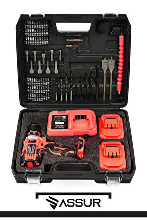 Assur 12V 2.0Ah Şarjlı Matkap Metal Şanzıman Bakır Sargılı Çift Akülü 84 Parça Set