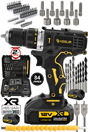Assur 12V 2.0Ah Şarjlı Matkap Metal Şanzıman Bakır Sargılı Çift Akülü 84 Parça Set