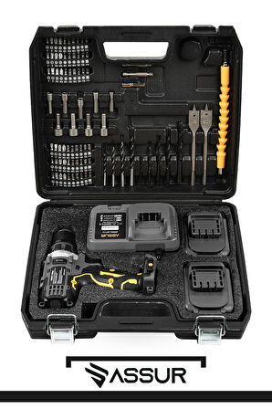 Assur 12V 2.0Ah Şarjlı Matkap Metal Şanzıman Bakır Sargılı Çift Akülü 84 Parça Set