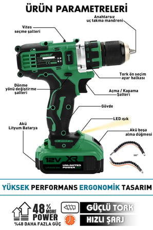 Assur 12V Çift Akülü Metal Şanzıman Şarjlı Matkap Akülü Vidalama