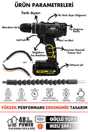 Assur 12V 1.5Ah Metal Şanzıman Çift Akülü Şarjlı Darbeli Matkap 24 Parça Akülü Vidalama