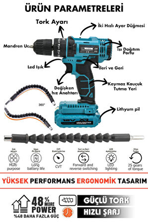 Assur 12V 1.5Ah Metal Şanzıman Çift Akülü Şarjlı Darbeli Matkap 24 Parça Akülü Vidalama