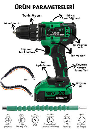Assur 12V 1.5Ah Metal Şanzuman Çift Akülü 84 Parça Şarjlı Matkap Akülü Vidalama