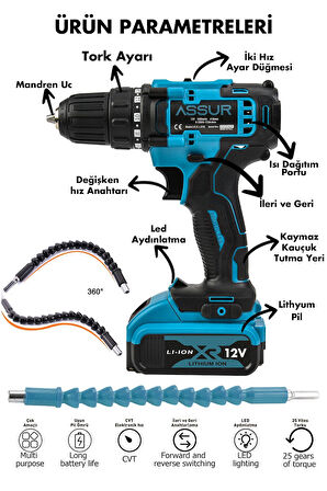 Assur 12V 1.5Ah Metal Şanzıman Çift Akülü 84 Parça Şarjlı Matkap Akülü Vidalama