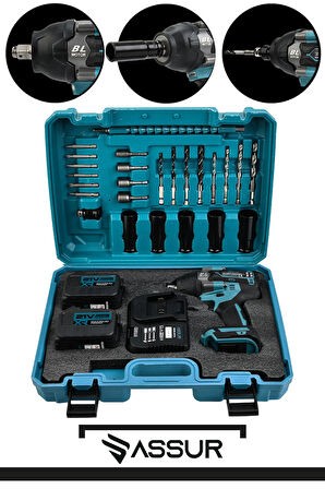 Assur 21V  Akülü Vidalama Darbeli Kömürsüz Motor 800Nm  Bijon Somun Sökme Sıkma