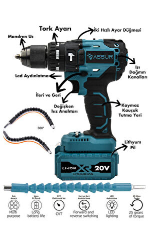Assur 21V 2.0Ah Darbeli 10 Pilli Şarjlı Matkap Çift Akülü Vidalama Bakır Sargı Çelik Şanzıman 82 Parça