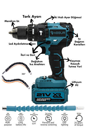 Assur 21V 2.0Ah Darbeli 10 Pilli Şarjlı Matkap Çift Akülü Vidalama Bakır Sargı Çelik Şanzıman 82 Parça